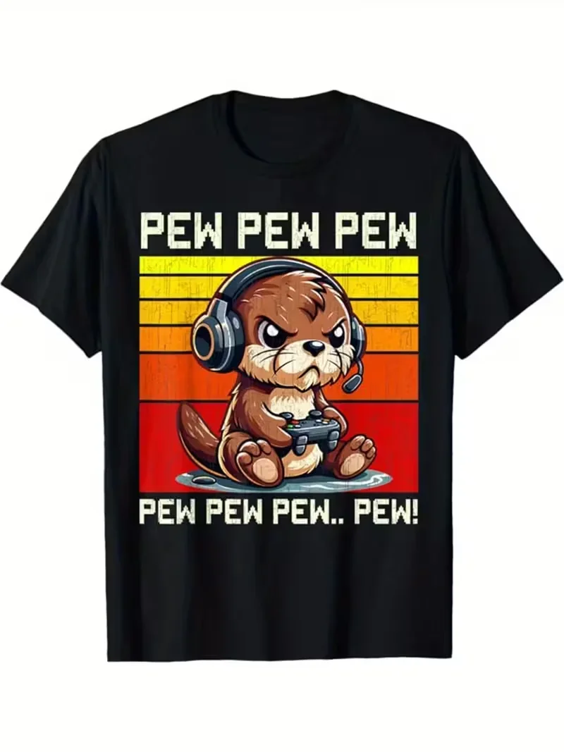

Funny Pew Pew Otter Gamer T-Shirt Retro Sunset Graphic Tee Cotton Short Sleeve Unisex Trip Tee