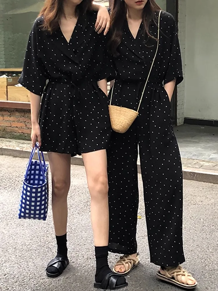 

ROUJE RSUA Summer High Waist Slimming Loose Waist Wide Leg V-ne Polka Dot Women's Rer Casual Long Pants