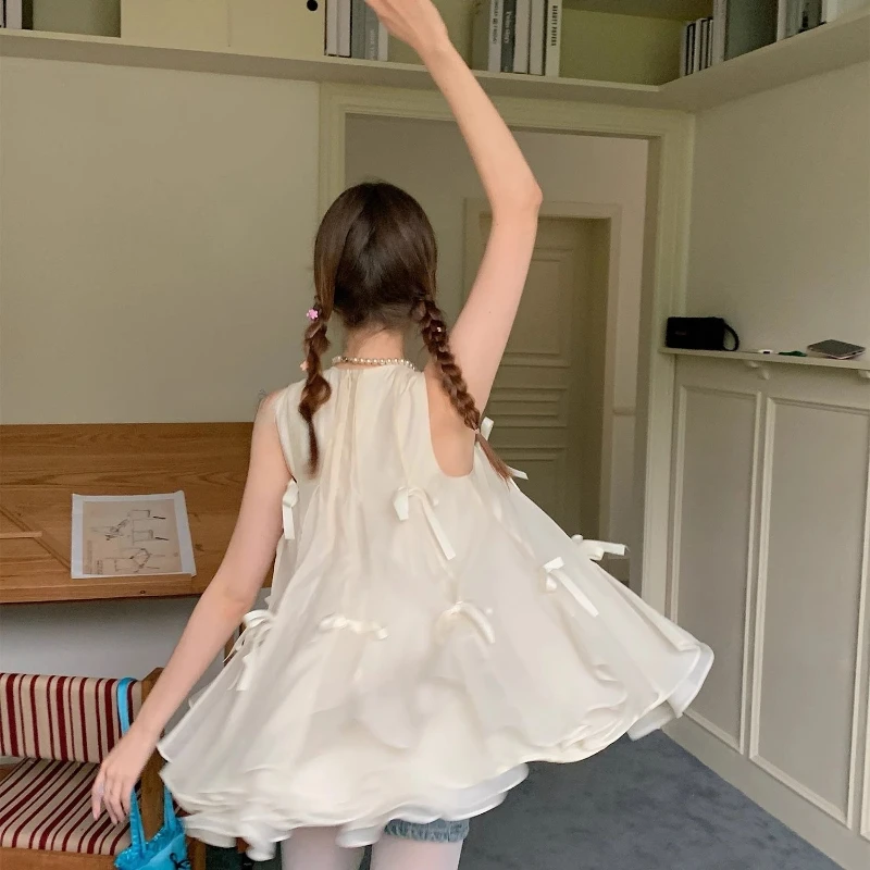 ชุดเดรสโบว์ดีไซน์หวานๆ 2025 ฤดูร้อนเสื้อยืดแขนกุดปุยหวานน่ารัก