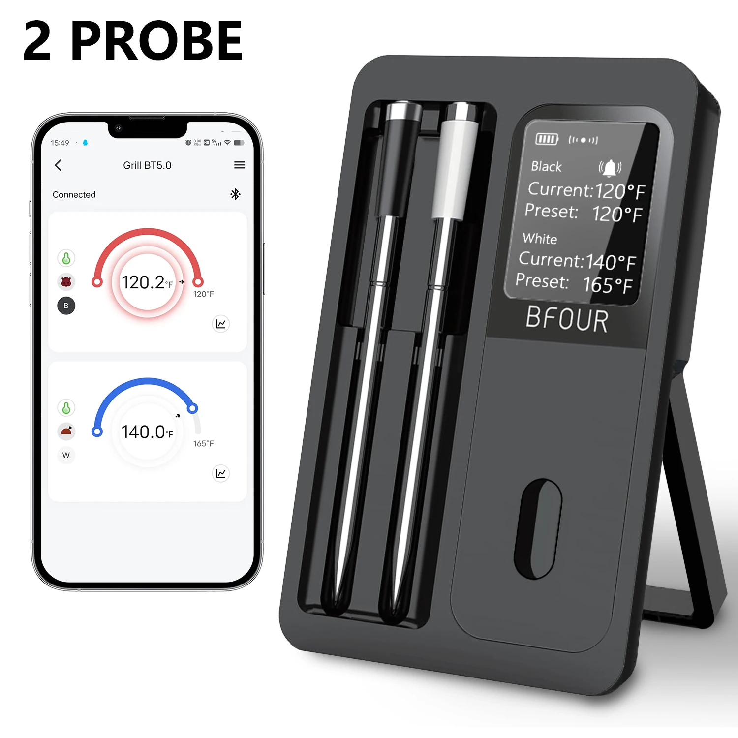 Wireless Bluetooth Meat Thermometer IP67 Waterproof Probes with LCD Screen Booster Rechargeable for Grilling Smoker BBQ Oven image 3