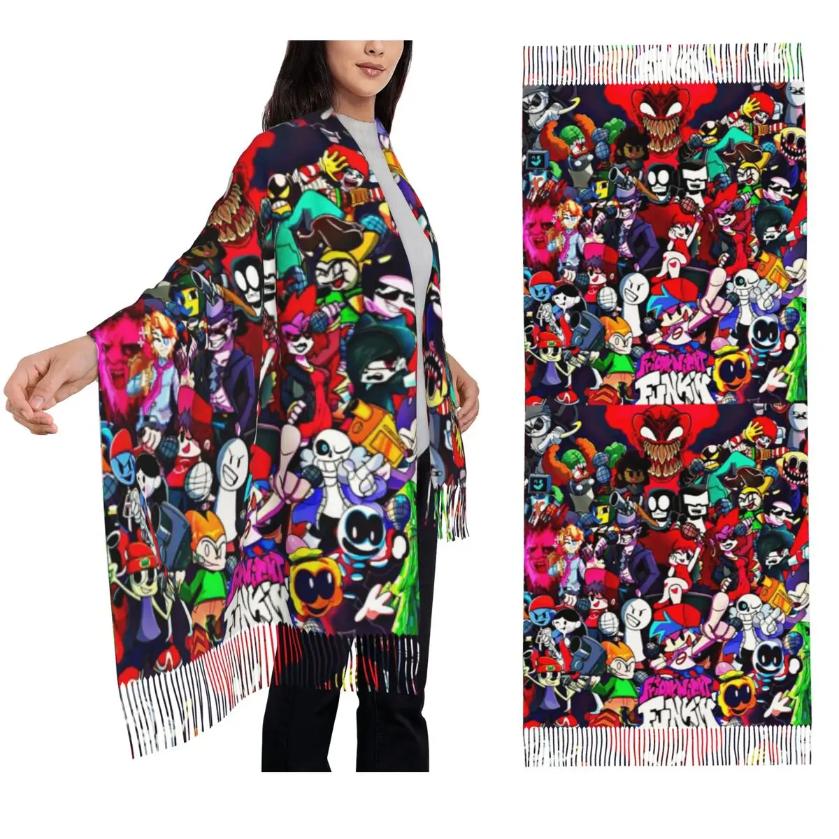 

Friday Night Funkin Персонажи Fnf Игровой шарф Шарфы с кисточками Женские мягкие теплые шали и накидки Большая осенне-зимняя шаль