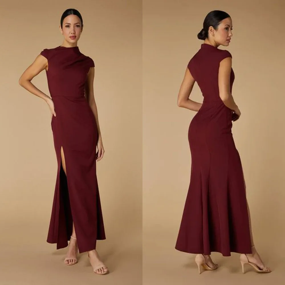 

Customized High Quality Ankle Length High Collar High Fork Zipper Short Sleeves A-line Vestidos De Piedras فساتين نسائيه ماركة