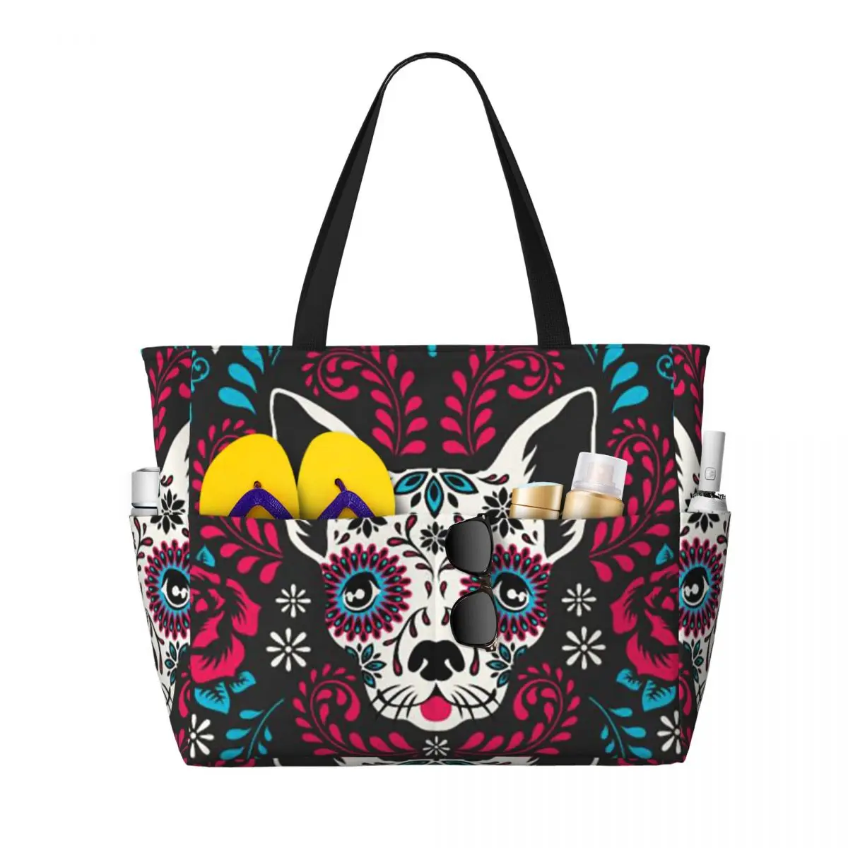 

Day Of The Dead Dog Print 10 Beach Tote Bag Sport Gym Yoga Duffle Large Tote Bag Women Travel Bag Fitness bag