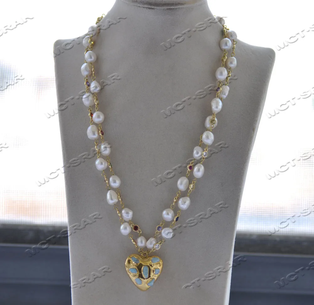 MTC·STAR Z12024 2row 20'' 12mm White Baroque Pearl CZ Necklace Heart Pendant