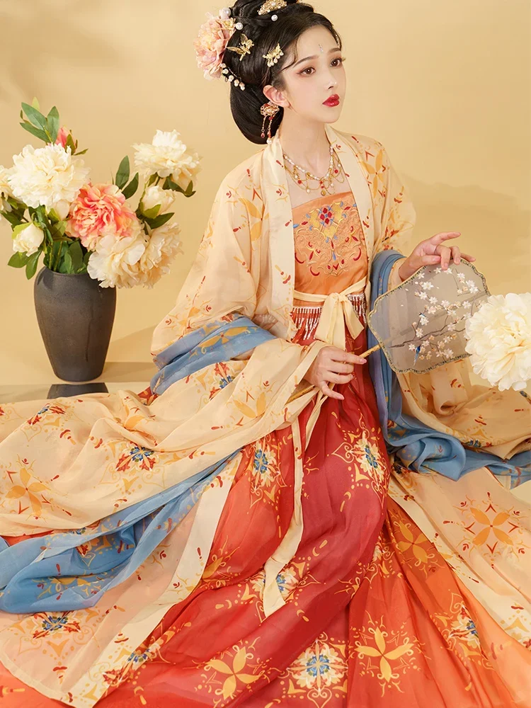 Original Ancient Red Kimono Hanfu Dresses Tang Dynasty Embroidery Chinese Style Traditional Folk Dance Vintage Cosplay Costume