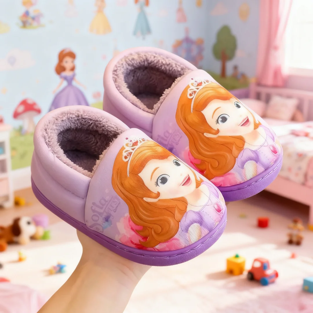 

Зимняя домашняя повседневная обувь, детские хлопковые тапочки, теплая детская хлопковая обувь Frozen для девочек, черная, фиолетовая обувь на плоской подошве с героями мультфильмов, размер 24-40