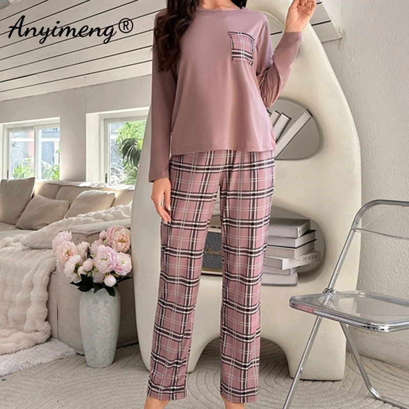 Women Long Sleeved Plaid Pants Pajamas Autumn Winter Woman Homewear Soft Loose Casual Outside Pjs Round Collar Nightwear