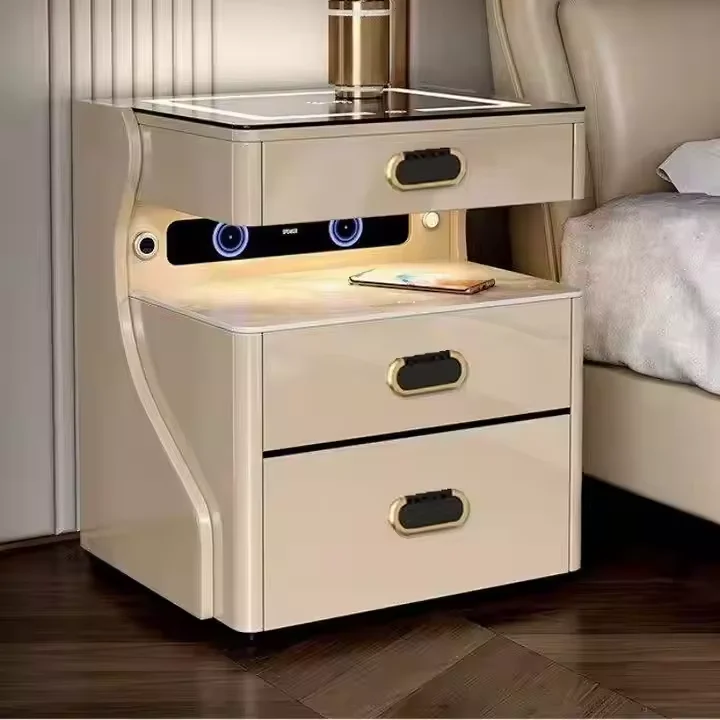 Minimalist Gold Tall Smart Nightstand Side Table with Wireless Charging Safe Side Bed Bedside Table