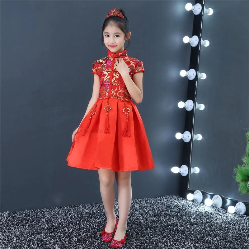 Children's Retro Cheongsam Traditional Chinese Princess Dress Child Festival Stage Performance Costumes New Year Girls' Qipao