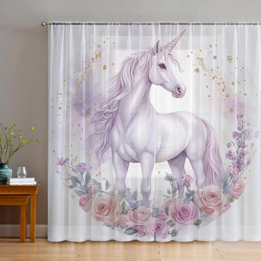 2PCS Digital Print Sheer Curtain, Purple Unicorn, Whimsical Fantasy Window Curtains for Living Room Bedroom Home Decor