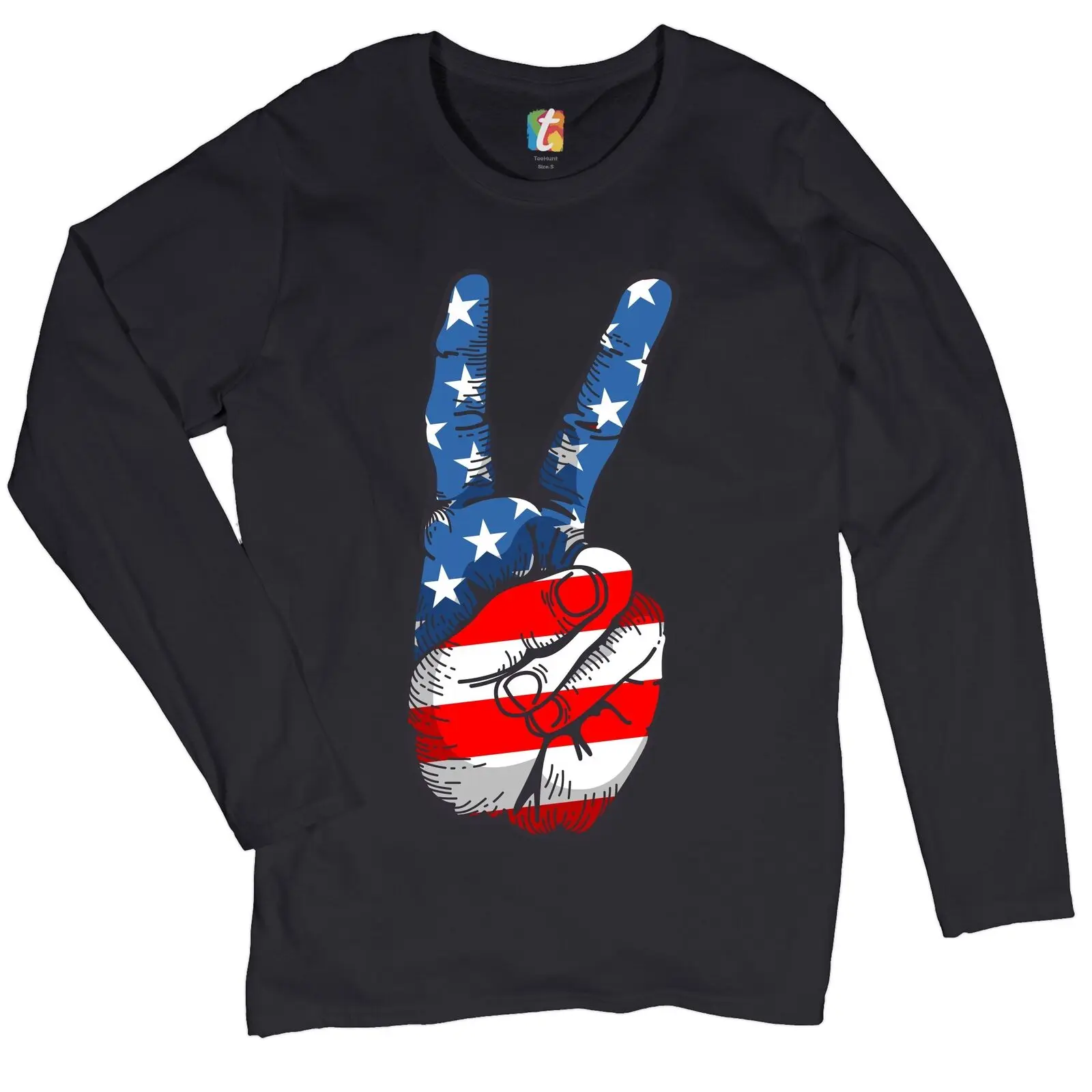 

Patriotic Victory Sign Women's Long Sleeve T-shirt American Flag 4th of July