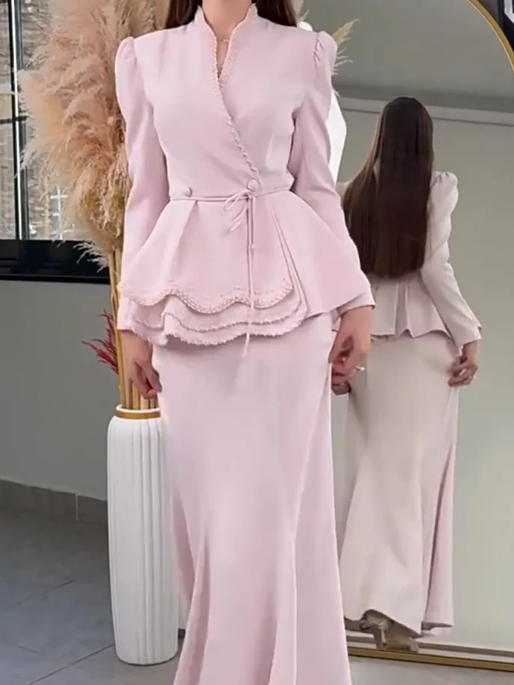 Women Elegant Lace-Up Waist Slim 2Pc Suit Fashion Pearl Splicing Solid Skirt Outfit Sexy V-neck Long Sleeve Top & Long Skirt Set