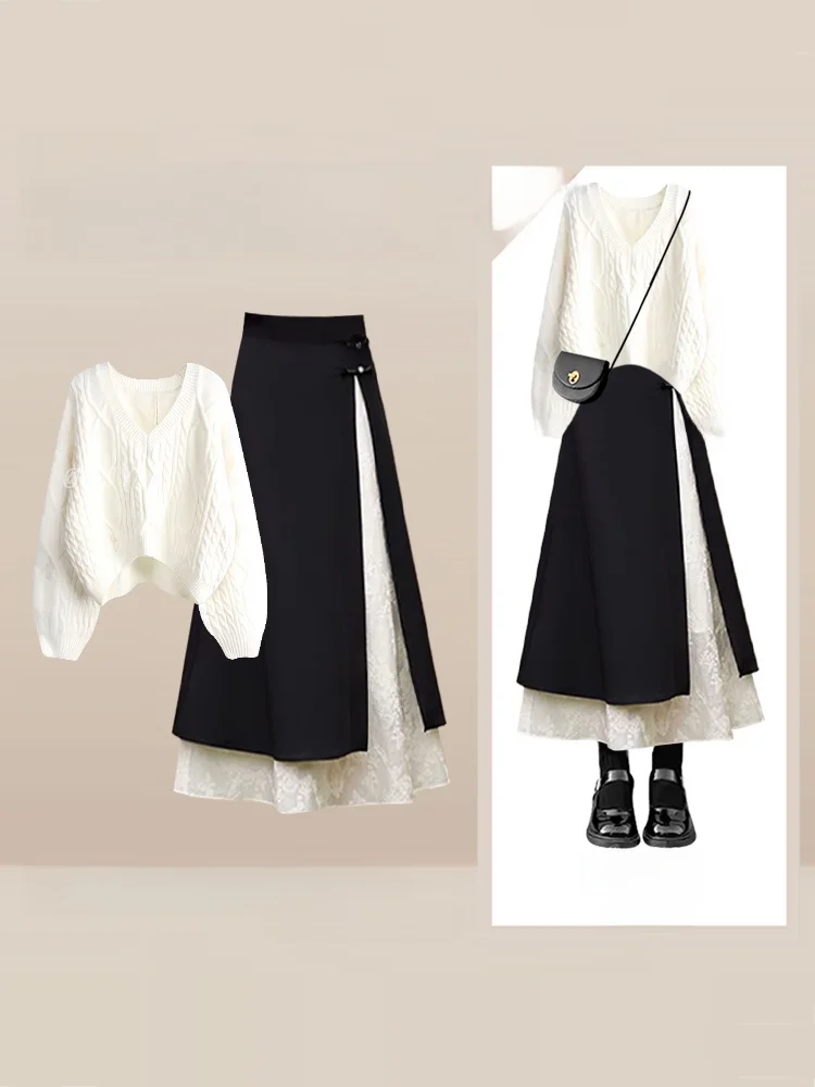 Herbst Winter frauen Gestrickte Pullover Hohe Taille Abnehmen Rock Zwei-Stück Set Faionable Casual Sanfte Sle Winter Sammlung