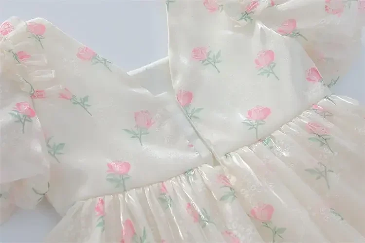 Sommer Mädchen 1–8 Jahre Blumenrosen Prinzessin Kleid Spitze abgestufte Schleife hinten Perlenakzent knielang Party Geburtstagsfeier – Detail 24
