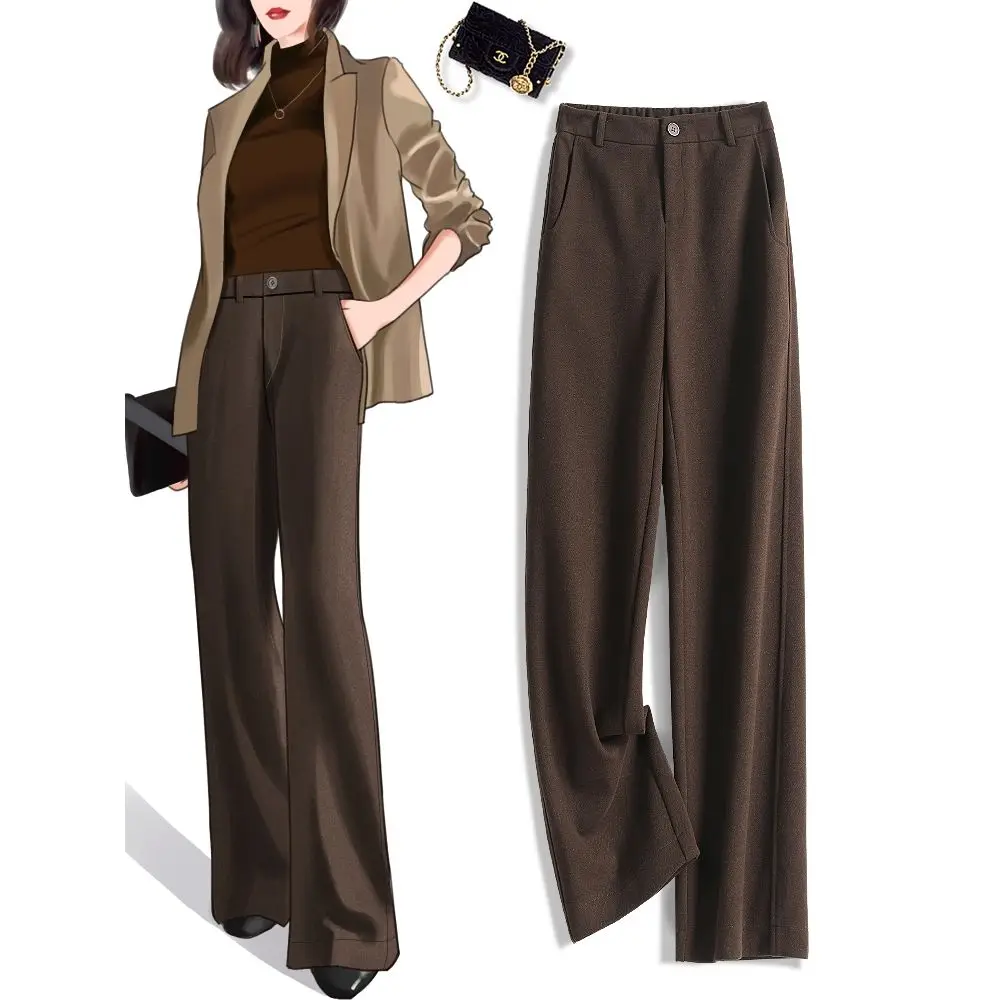 

2023 Women's Autumn Winter New High Waist Straight Pants Female Solid Color Woolen Trousers Ladies Loose Wide-leg Pants O586