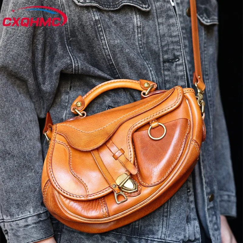 Plant-tanned Vintage Leather Men Bag Saddle Bag Top Layer Leather Handbags Crossbody Bag Shoulder Bag Wide Strap Chest Bags