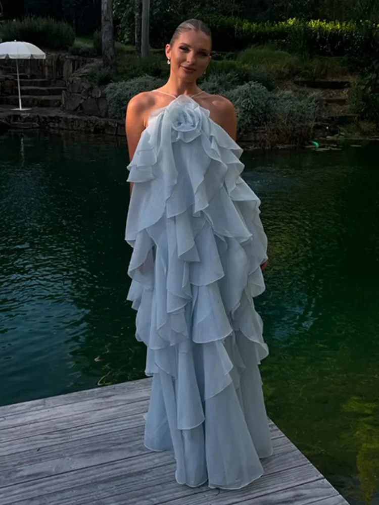 

Sexy 3d Flower Women Stacked Ruffle Maxi Dress Fashion Sleeveless Backless Loose Dresses 2025 Summer Lady Beach Holiday Vestido