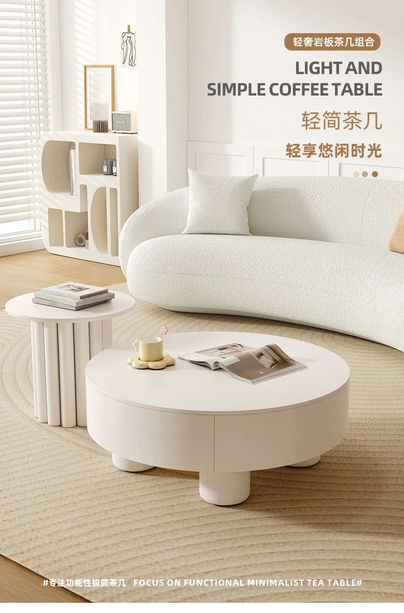 طاولة قهوة على الطراز الفرنسي الكريمي، غرفة معيشة بسيطة وحديثة، طاولة قهوة مستديرة من بلاطة الصخور #2