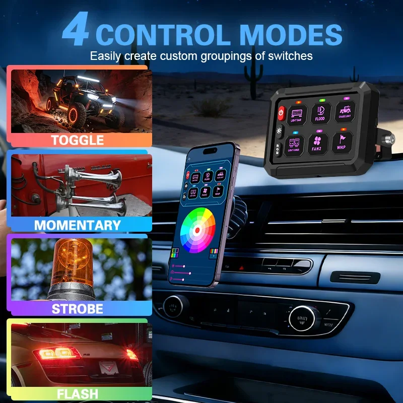 12V 24V 6-Gang App RGB Car Switch Panel with Touch Technology and 6 Gang Circuit Control for Trucks Boats Off-Road Vehicles
