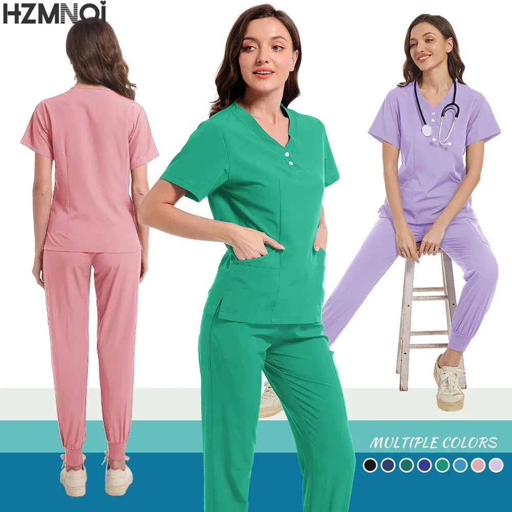 Scrubs Uniform Suit Short Sleeve V-neck Tops+jogger Pants Set Nursing Uniform Women Multicolor Pet Doctor Scrub Medical Workwear