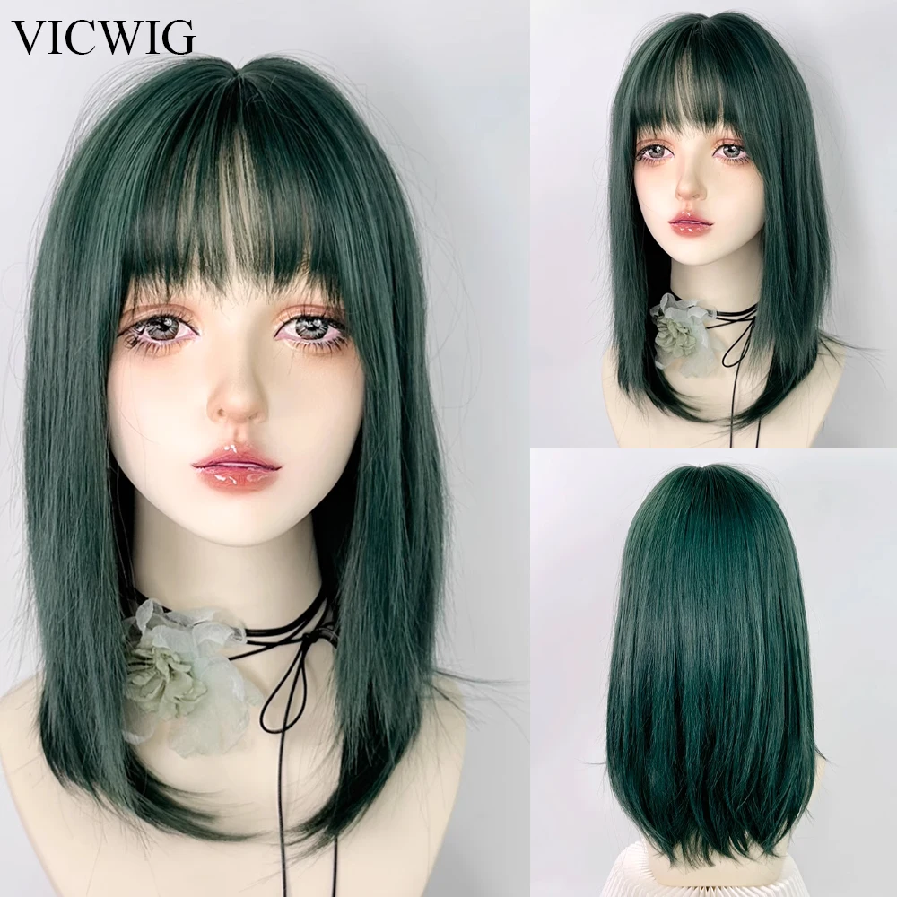 VICWIG-Peluca de cabello Natural para mujer, pelo largo y liso con flequillo, color verde, Lolita, resistente al calor, ideal para fiesta diaria