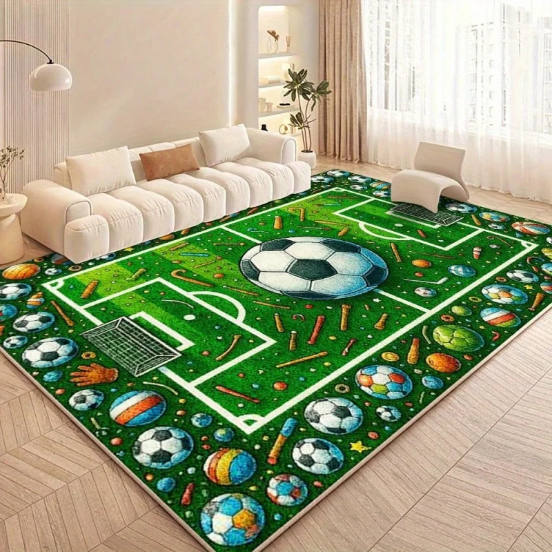 Newest Cartoon Soccer Field Game Area Rug, Football Toy Print Large Floor Carpet for Kids Playroom Boys Bedroom