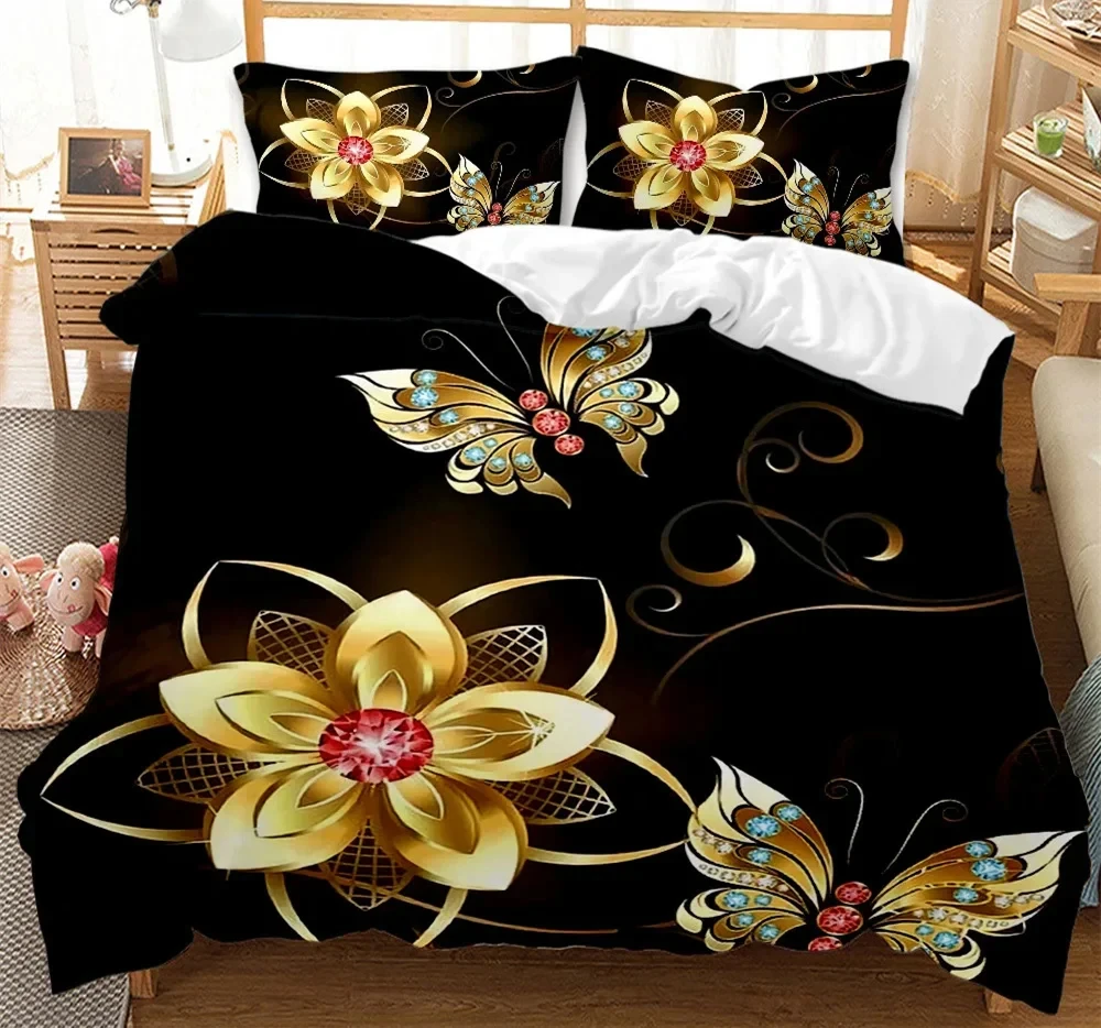 Imagem -02 - Conjunto de Cama de Borboleta Dourada para Adultos Capa de Edredão Preta Luxuosa Capa Impressa 3d Cama Fofa Set200 x 220 Pcs