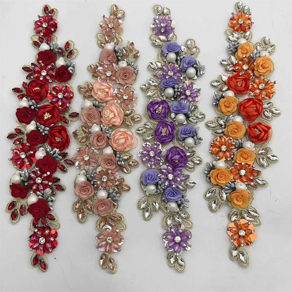 Image of 1 Stück handgefertigter großer 3D-Applikations-Stickerei-Strass-Blumen-Patch zum Aufnähen für Hochzeitskleid