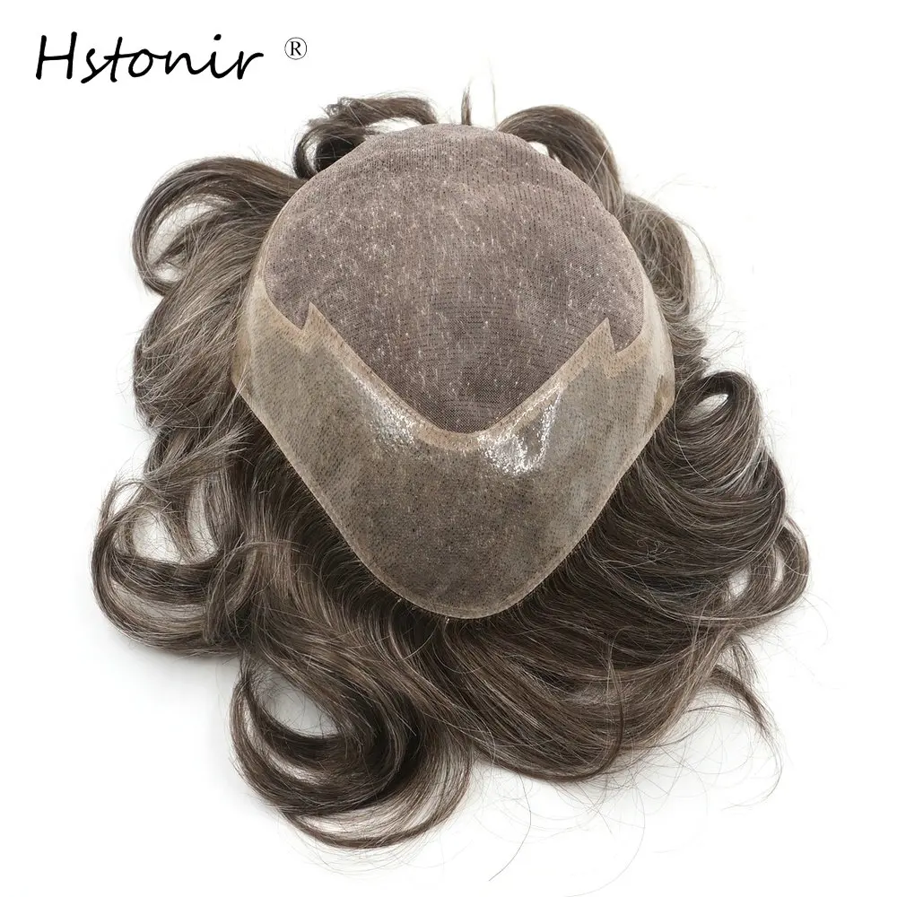 هستونير 8x10" 520 # بني مع 20% شعر رمادي للرجال شعر ريمي هندي بشري شعر مستعار أحادي الدانتيل قطعة شعر يدوية الصنع H005 #5