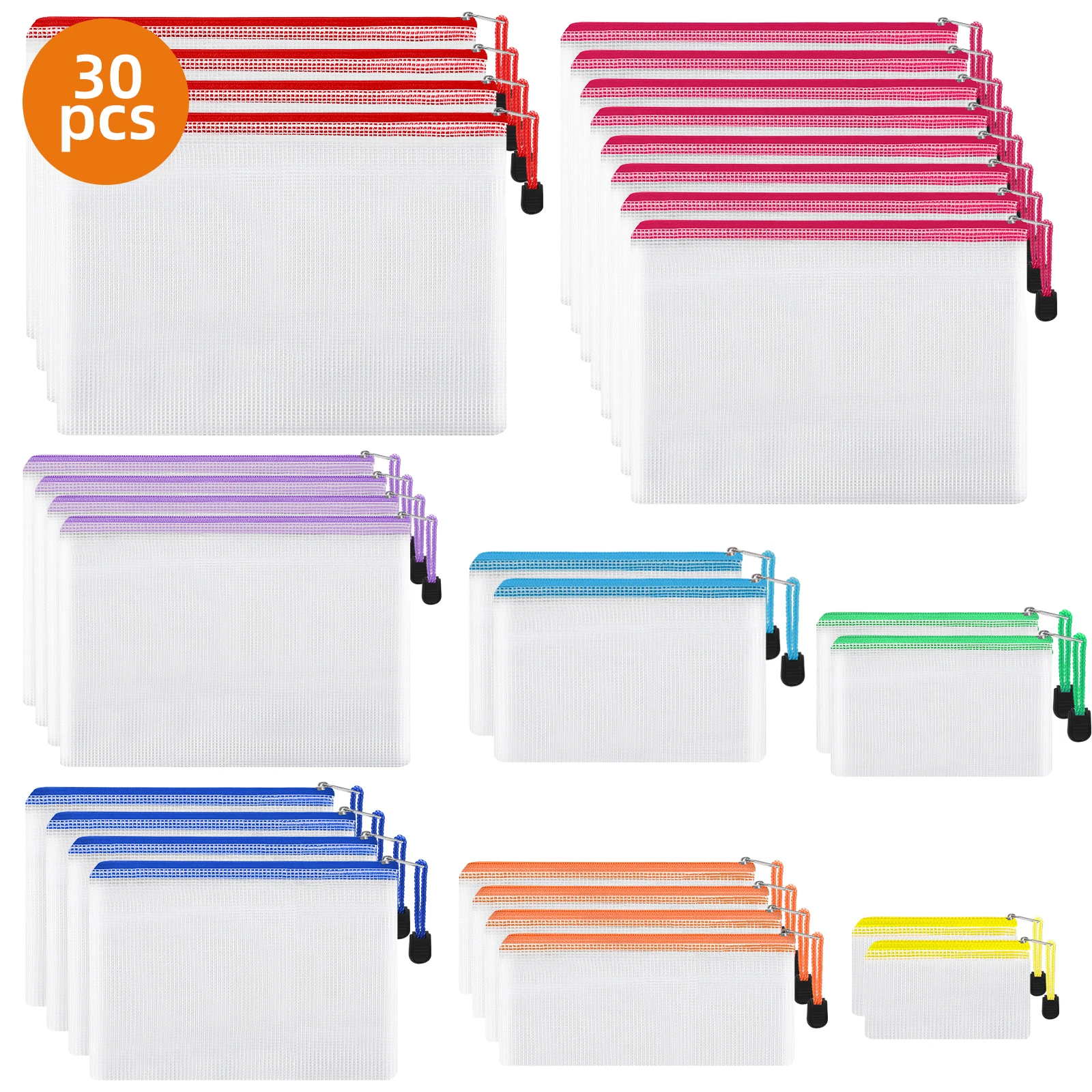 SGHUO 30pcs Mesh Zipper Pouch Bags, 8 Sizes 8 Colors Plastic Zipper Pouches for School Office Storage Organizer
