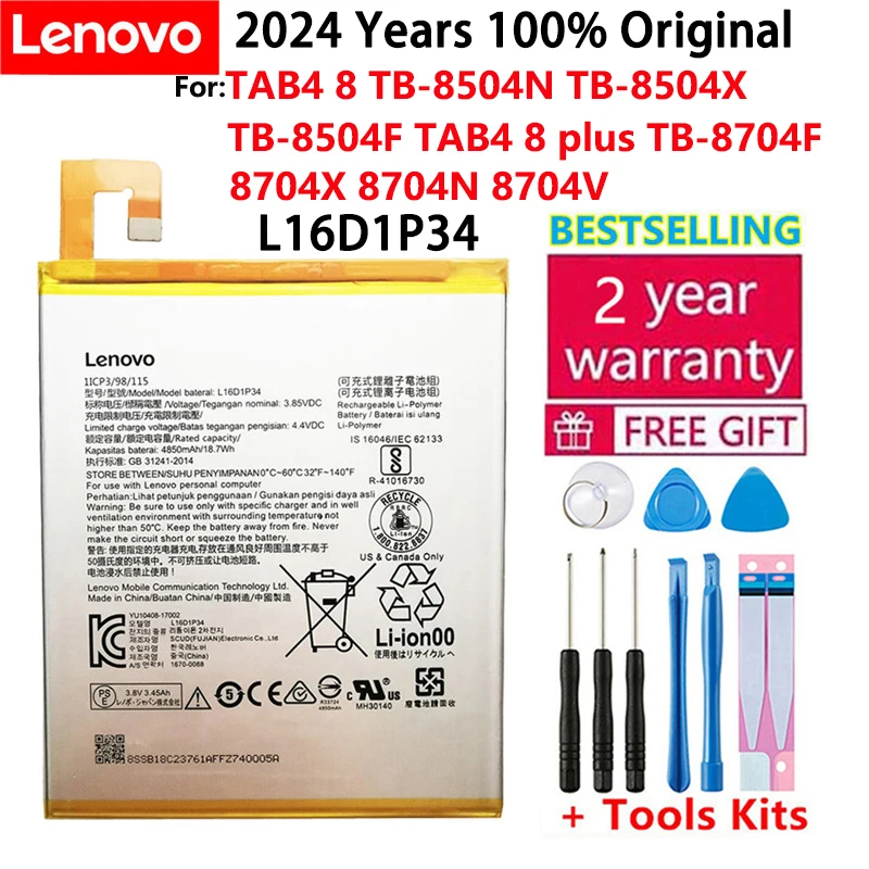 100% Original Battery For Lenovo TAB4 8 TB-8504N TB-8504X TB-8504F TAB4 8 plus TB-8704F 8704X 8704N 8704V L16D1P34 batteries