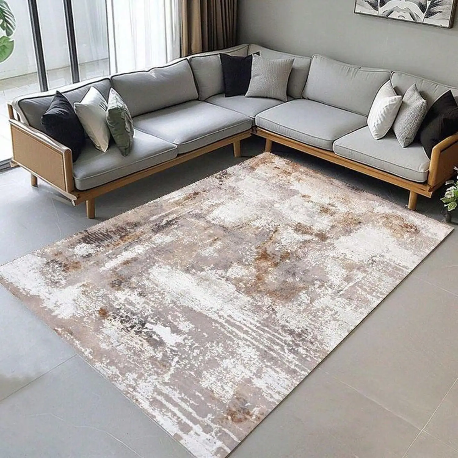 Neutral Abstract Rug, Beige and Rust Red, Modern Style, Textured with an Aged Look, Suitable for Living Room, Bedroom or Office, Neutral Abstract Design