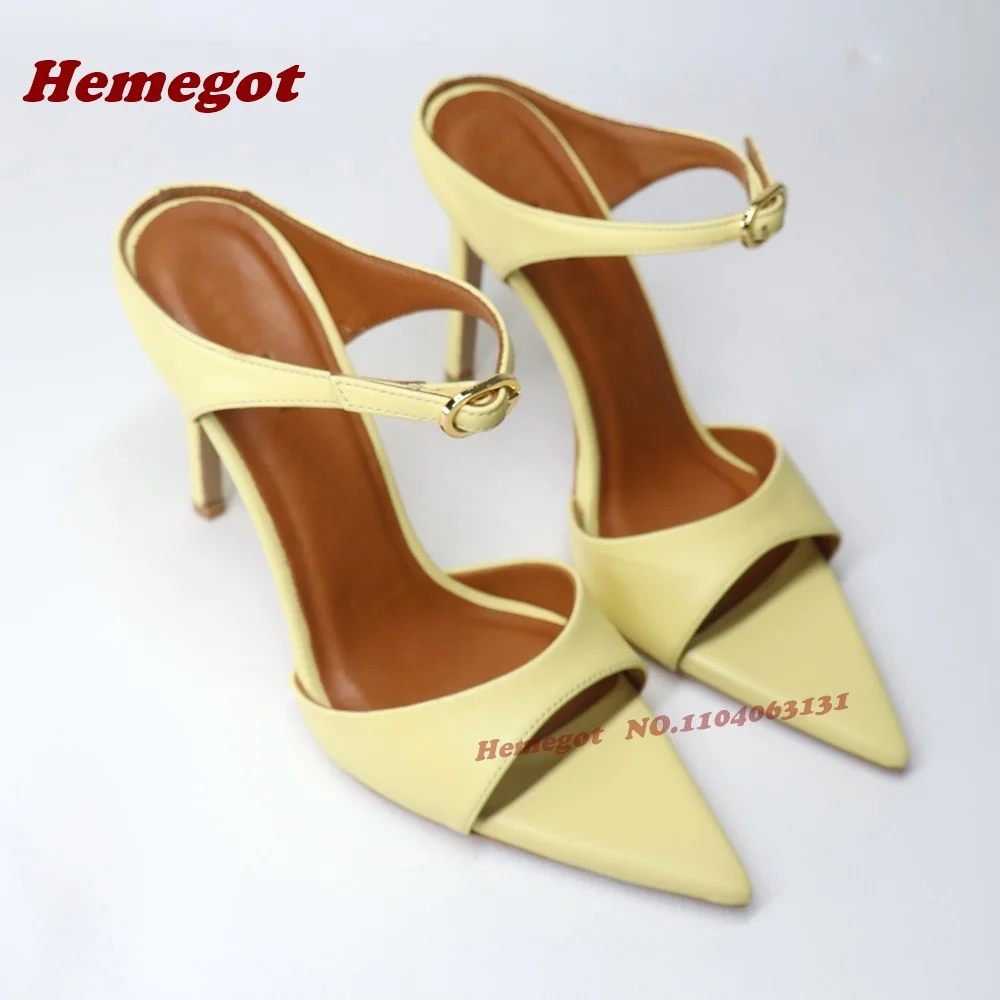 

Yellow Leather Buckled Slippers Pointy Toe Stiletto One Strap Slip On Women's Slippers Thin High Heels Summer Cut Out Party Shoe