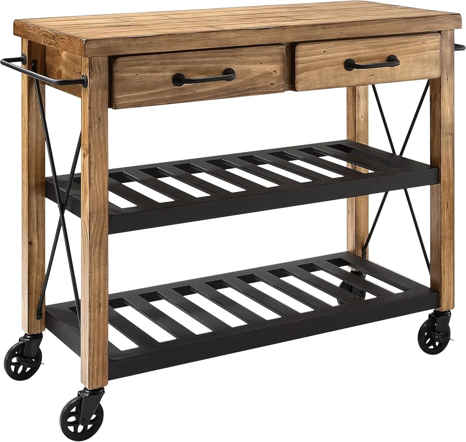 Roots Rolling Cart and Kitchen Island, Microwave Stand, with Storage Shelves and Drawers, Natural