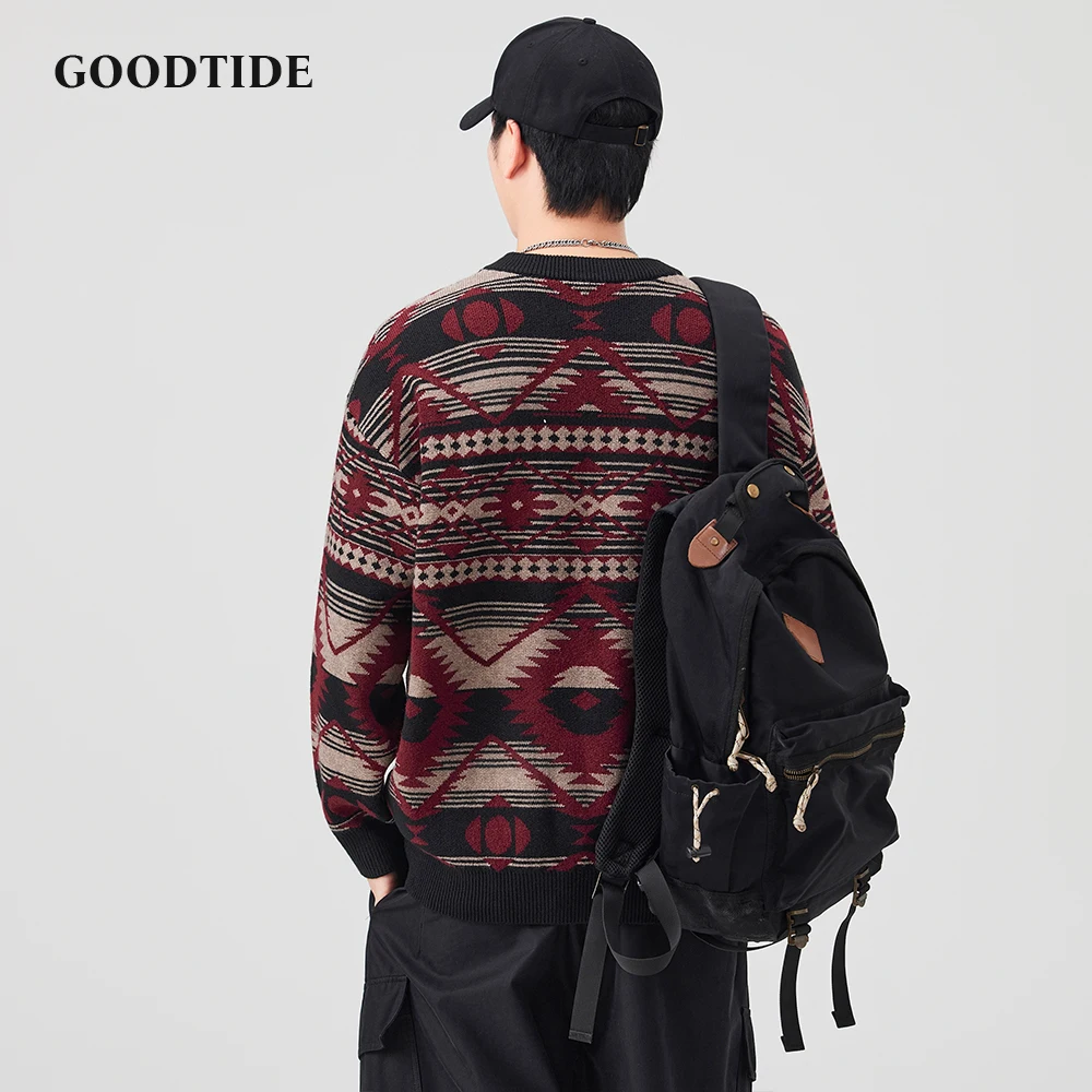 2025 Winter New Fashion Men's Ethnic Geometric Pattern Sweater Retro Crew Neck Knitted Pullover Soft Long Sleeve Jumper Top