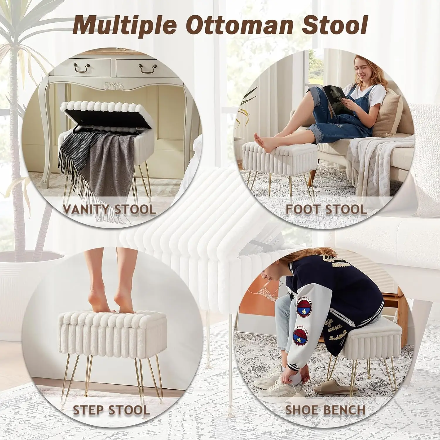 Faux Fur Vanity Stool Chair With Storage, Vanity Stool For Makeup, Foot Stools Ottoman With 4 Metal Legs, Make Up Stool Chair,