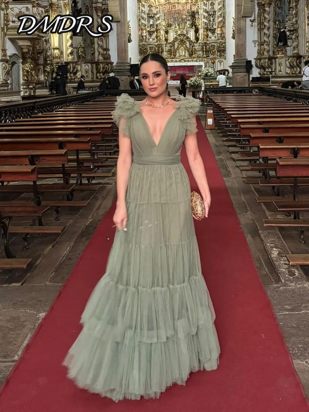 

DMDRS Short-sleeved Evening Dress 2025 Elegant V-neck Tulle Party Gown Classic A-line Floor-Length Party Dress فساتين سهرة