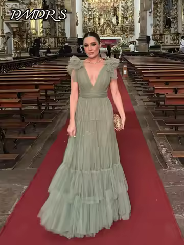 DMDRS Short-sleeved Evening Dress 2025 Elegant V-neck Tulle Party Gown Classic A-line Floor-Length Party Dress فساتين سهرة