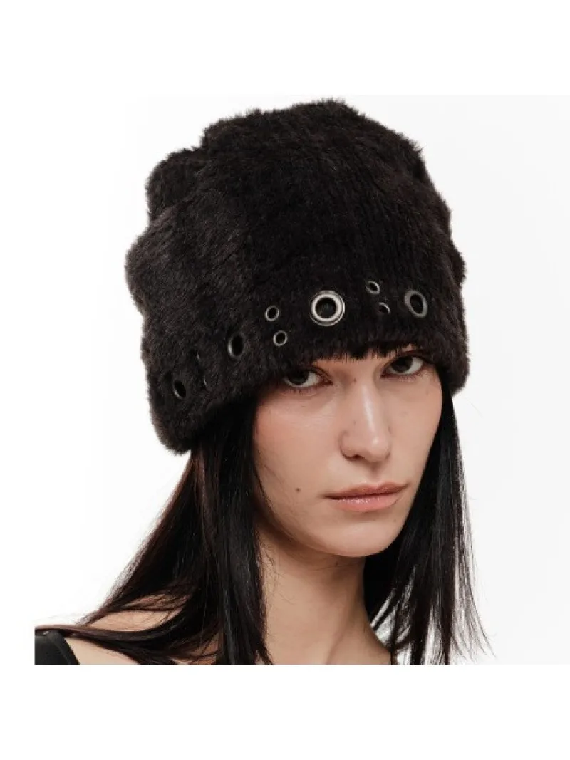 

Fuzzy Knit Beanie with Grommet Details Women 2026 Black Y2K Gothic Streetwear Hat