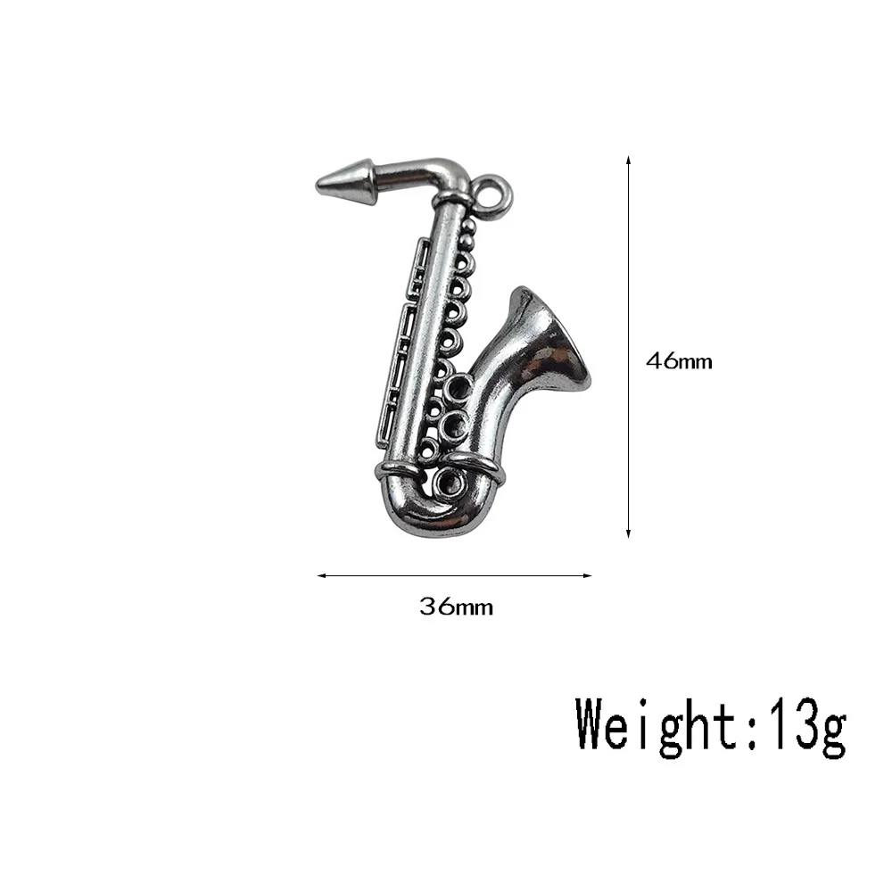 36x46mm Saxophone Shape Charms Alloy Antique Silver Color Necklace Jewelry Making Pendant Musical Instrument Accessory