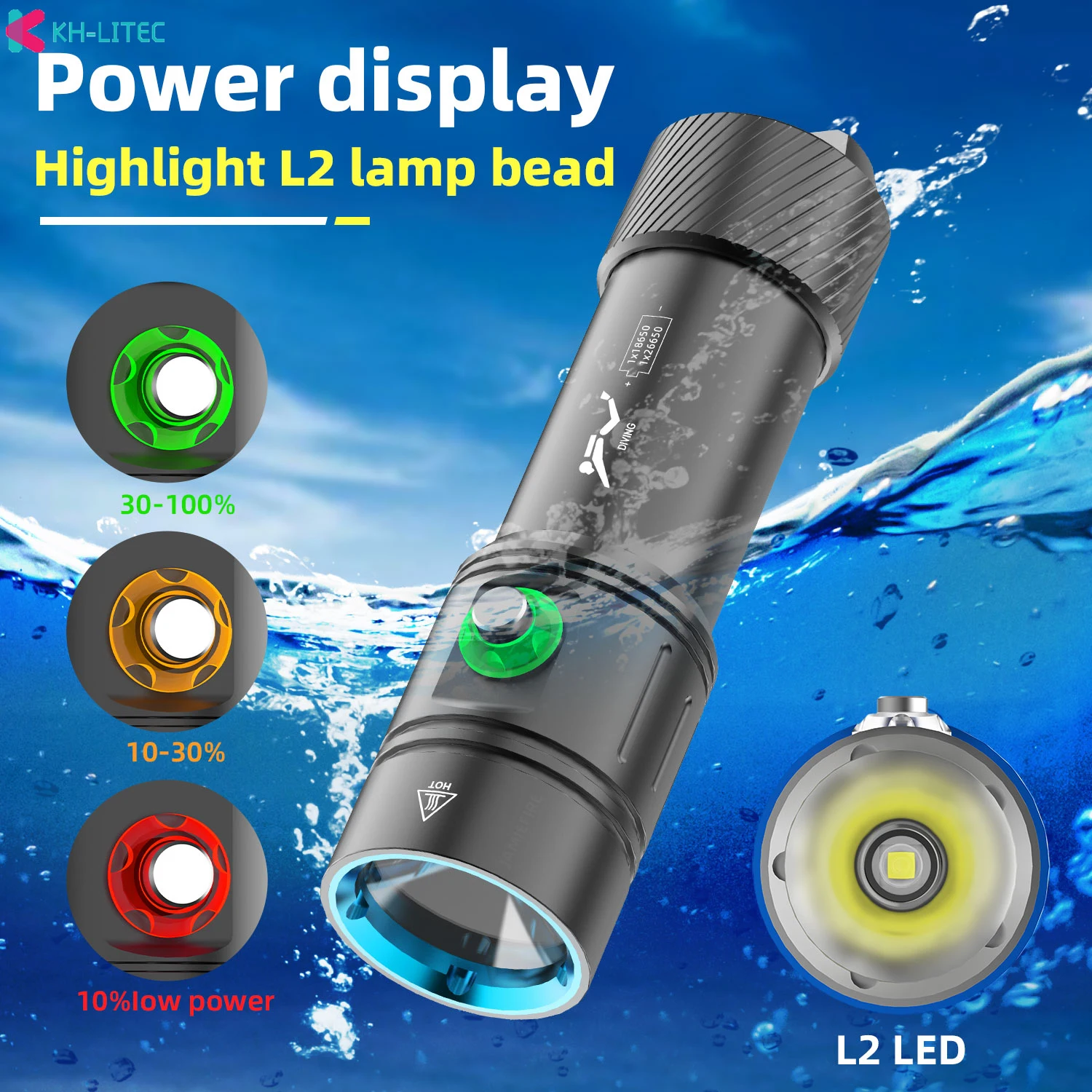 Powerful LED Diving Flashlight Super Bright L2 Professional Underwater Torch IPX8 Waterproof rating Lamp Using 18650  Battery