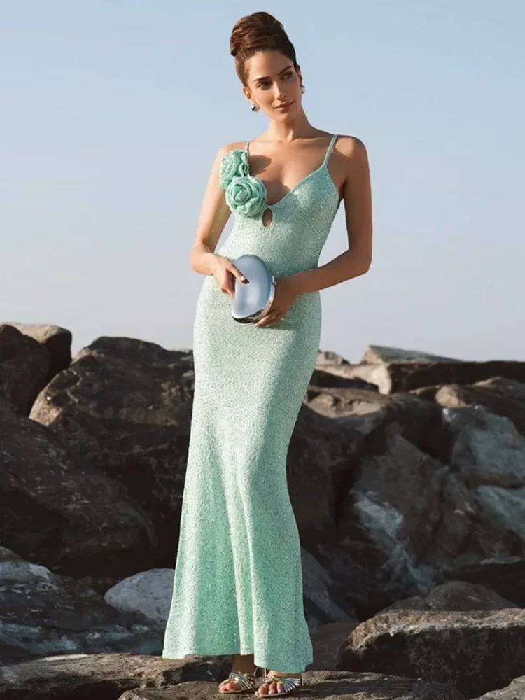 Kobiety Lato Celebrity Sexy V Neck Backless Mint Green Mesh Sequins Gowns Dress 2024 Elegancka wieczorowa sukienka klubowa Vestido