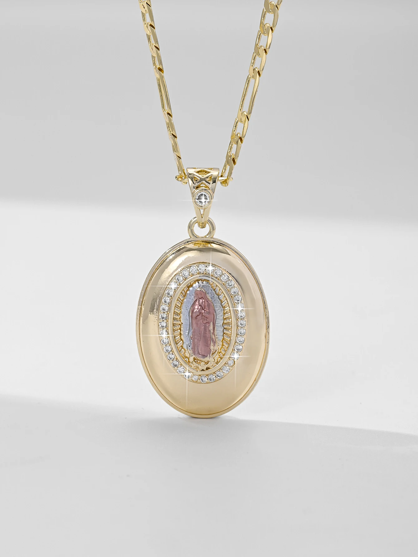14K Gold-Plated Guadalupe Necklace Box Pendant Religious Zircon Copper Catholic Miracle Medal Virgin Mary Chain Jewelry