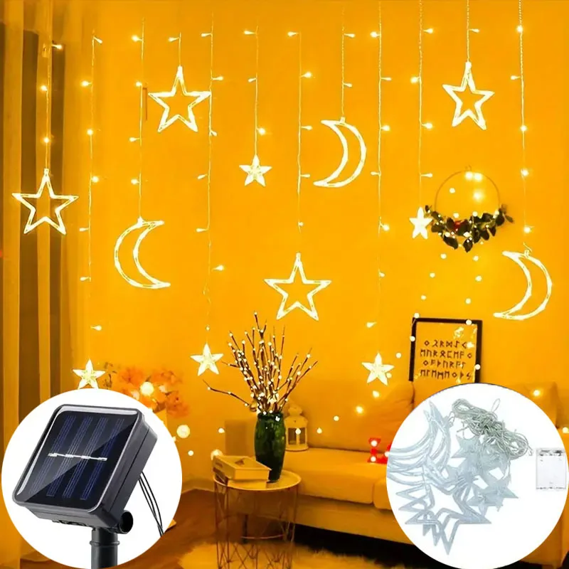 

Solar/Battery Powered Star Moon String Light Outdoor Waterproof Fairy Festoon Garland LED Curtain Lamp For Camping Ramadan Decor