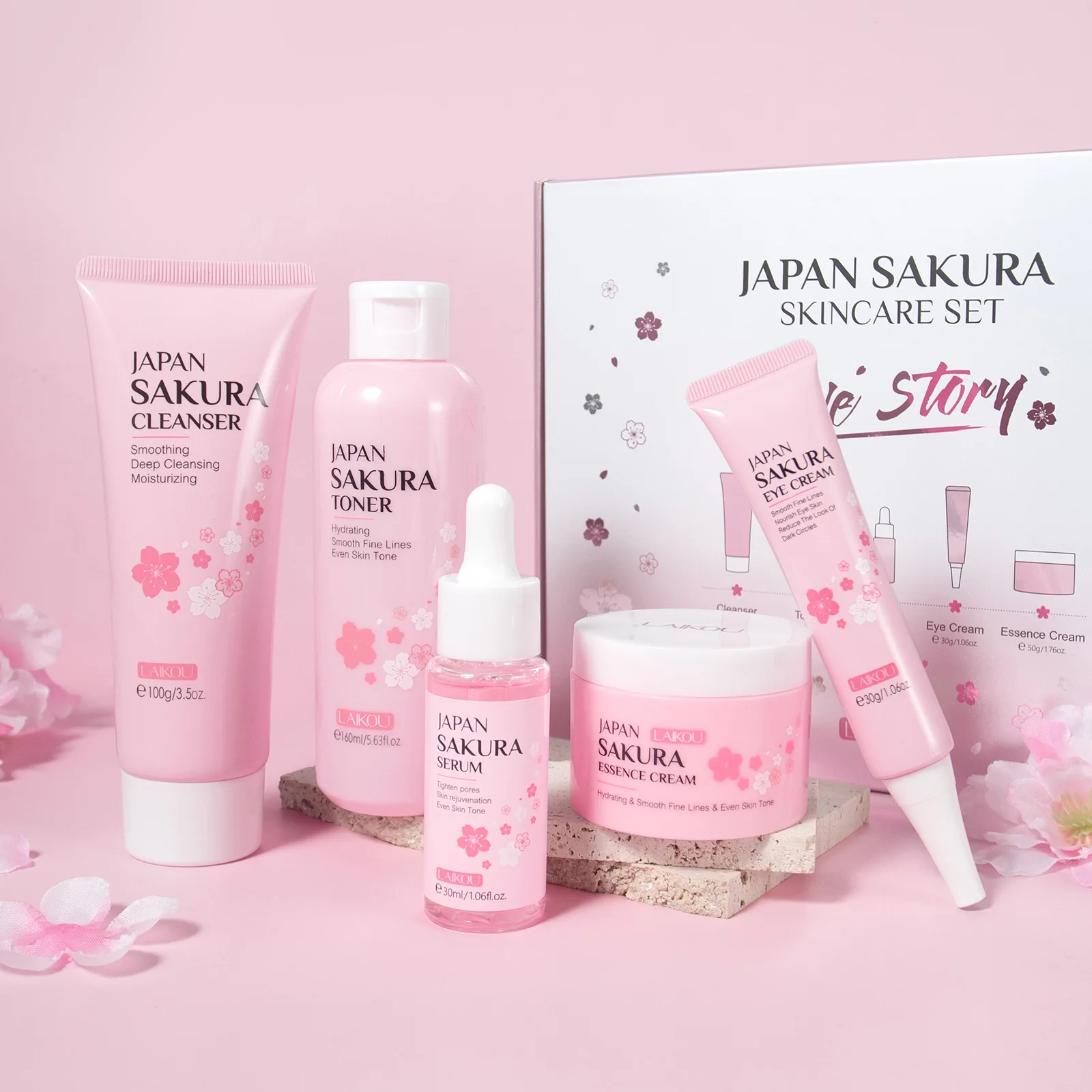 

LAIKOU 5pcs Sakura Skin Care Sets Facial Cleanser Hydrating Eye Creams Face Cream Serum Toner Moisturizing Face Care Kit