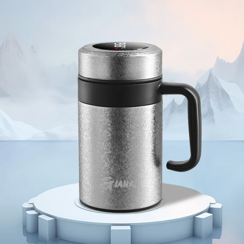 Pure Titanium Thermos Cup with Handle,Intelligent Temperature Display,Water and Tea Separation,Men's Office Business Mug, 420ml