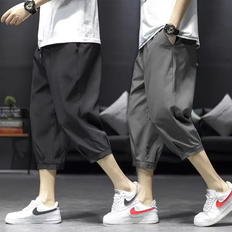 Cropped Pants Men\'s Shorts Summer Ice Silk Fashionable Straight Large Size Sports Casual Pants