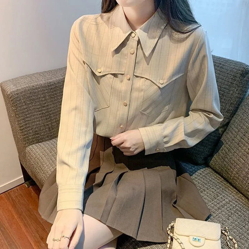 

Fashion Korean Striped Long Sleeve Blouse Women's Clothing All-match Simplicity Spliced Turn-down Collar Button Shirt for Female