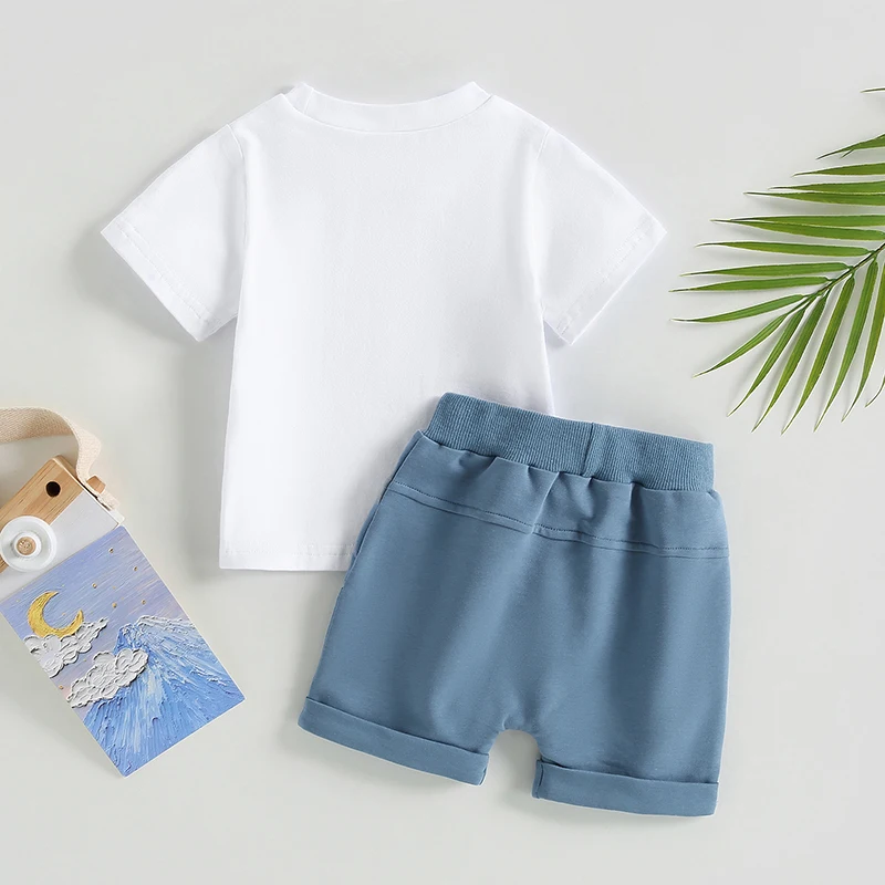 VISgogo Toddler Baby Boys Clothes Set Short Sleeve Letter Print T-shirt Elastic Waist Drawstring Shorts Summer Casual Outfit