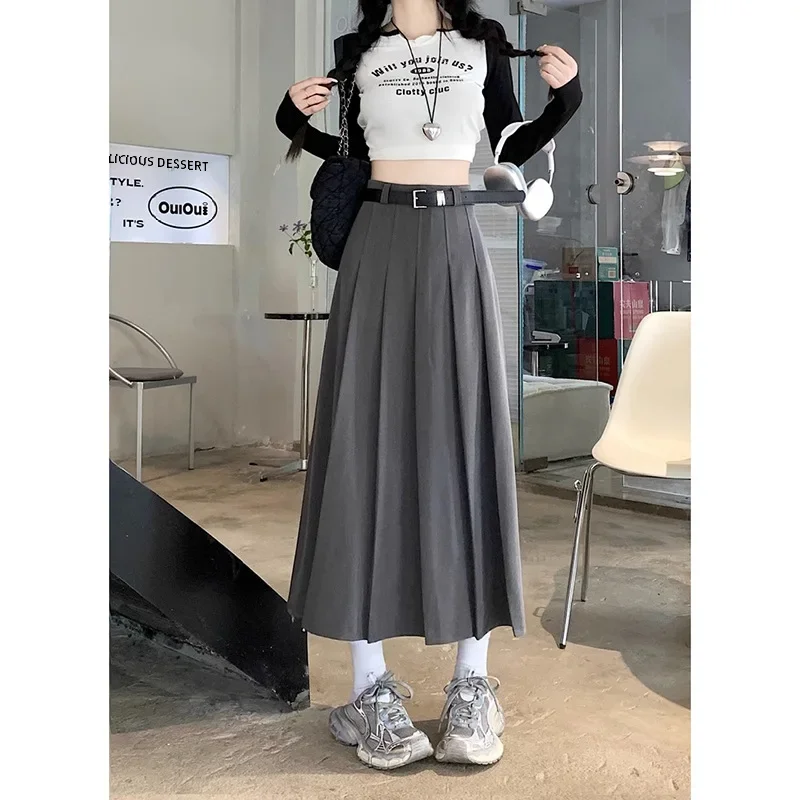 Korean Style Medium-length Grey High-waisted A- line Skirt For Women Spring Autumn Pleated Long Dress Fashionable Elegant